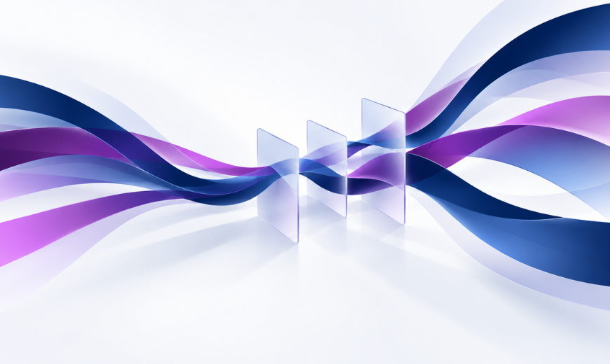 Abstract layered pathways representing outsourced Forex Treasury Management, with flowing navy and purple bands suggesting information, decision-making and delegated treasury activity.