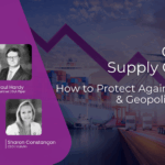 Container ship, cargo trucks, and aeroplane under a global map with a downward pink arrow, symbolising disruption in global supply chains.