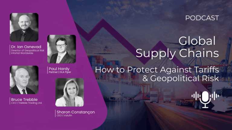 Container ship, cargo trucks, and aeroplane under a global map with a downward pink arrow, symbolising disruption in global supply chains.
