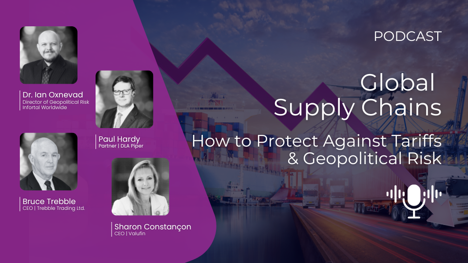 Container ship, cargo trucks, and aeroplane under a global map with a downward pink arrow, symbolising disruption in global supply chains.