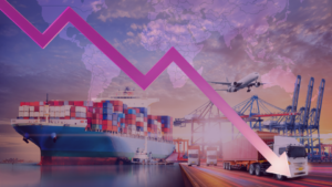 Container ship, cargo trucks, and airplane under a global map with a downward pink arrow, symbolising disruption in global supply chains.
