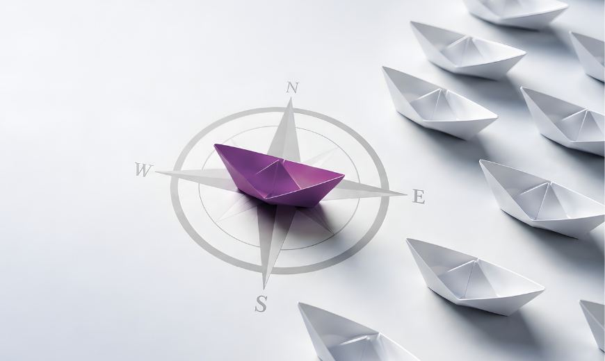 Purple paper boat on a compass among white boats, representing independent Forex Treasury advice and business-led decision-making.