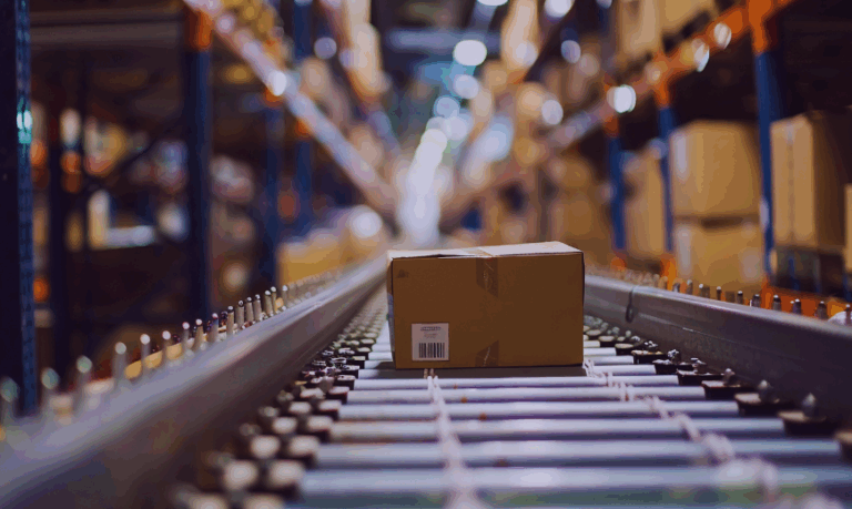 Cardboard box on conveyor belt in warehouse supply chain facility, illustrating global trade logistics and distribution processes.