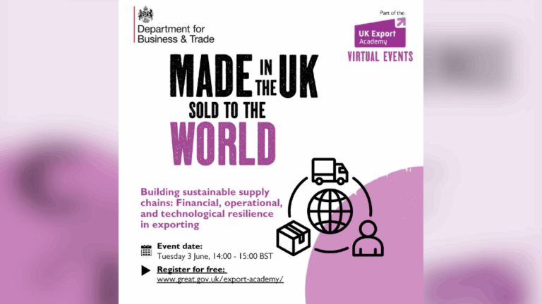 Promotional poster for a UK Export Academy virtual event on building resilient global export supply chains.
