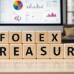 Wooden blocks spelling Forex Treasury in front of a financial dashboard.