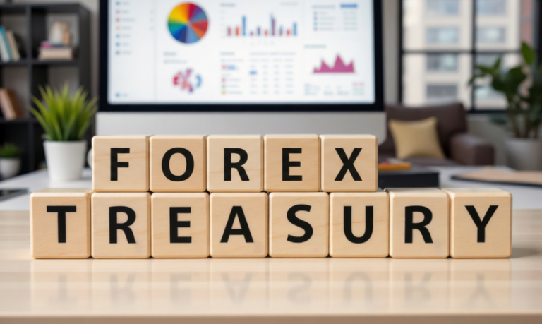 Wooden blocks spelling Forex Treasury in front of a financial dashboard.